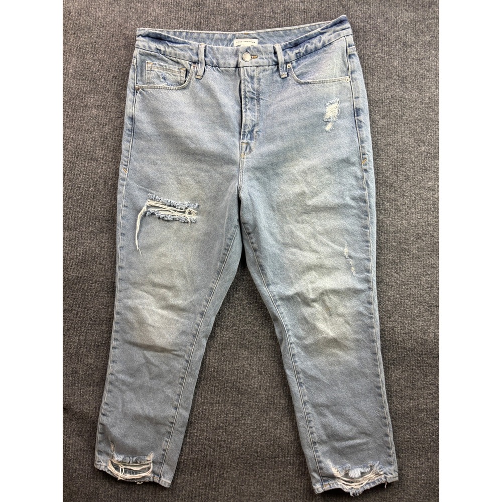 Good American Jeans Women 12/31 Light Blue Distressed Straight Leg High Rise